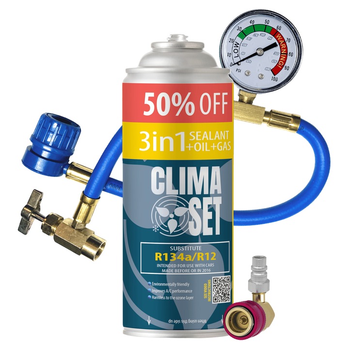 ClimaSet 3 az 1-ben R134a, 170g, manométerrel és HP/LP adapterrel, autóklíma utántöltéséhez