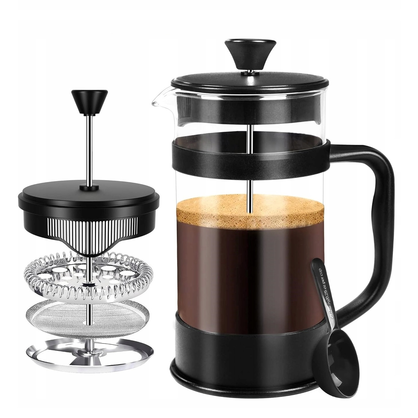 Cafetiere Kichly, 1000ml, neagra, set cu lingura de masurare, din sticla borosilicata