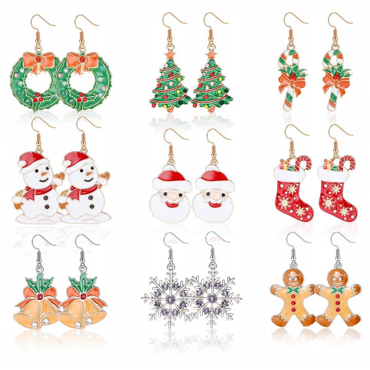 Set 8 perechi cercei de Craciun, diverse modele, inox, hipoalergenici