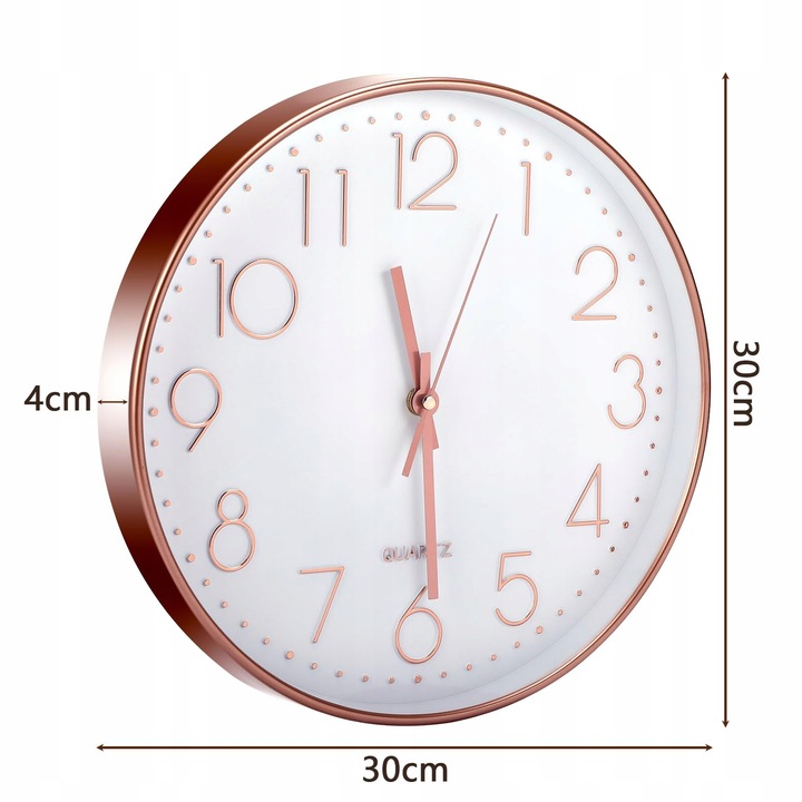 Ceas decorativ, 30cm, roze aurie, design modern, fara secundar, din lemn alb