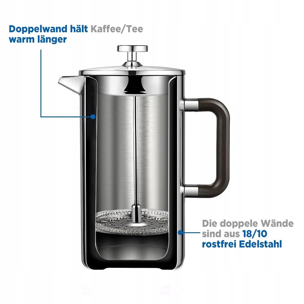 Cafetiere Ecooe 1500 ml, inox 18/10, izolatie cu pereti dubli, set cu 2 filtre