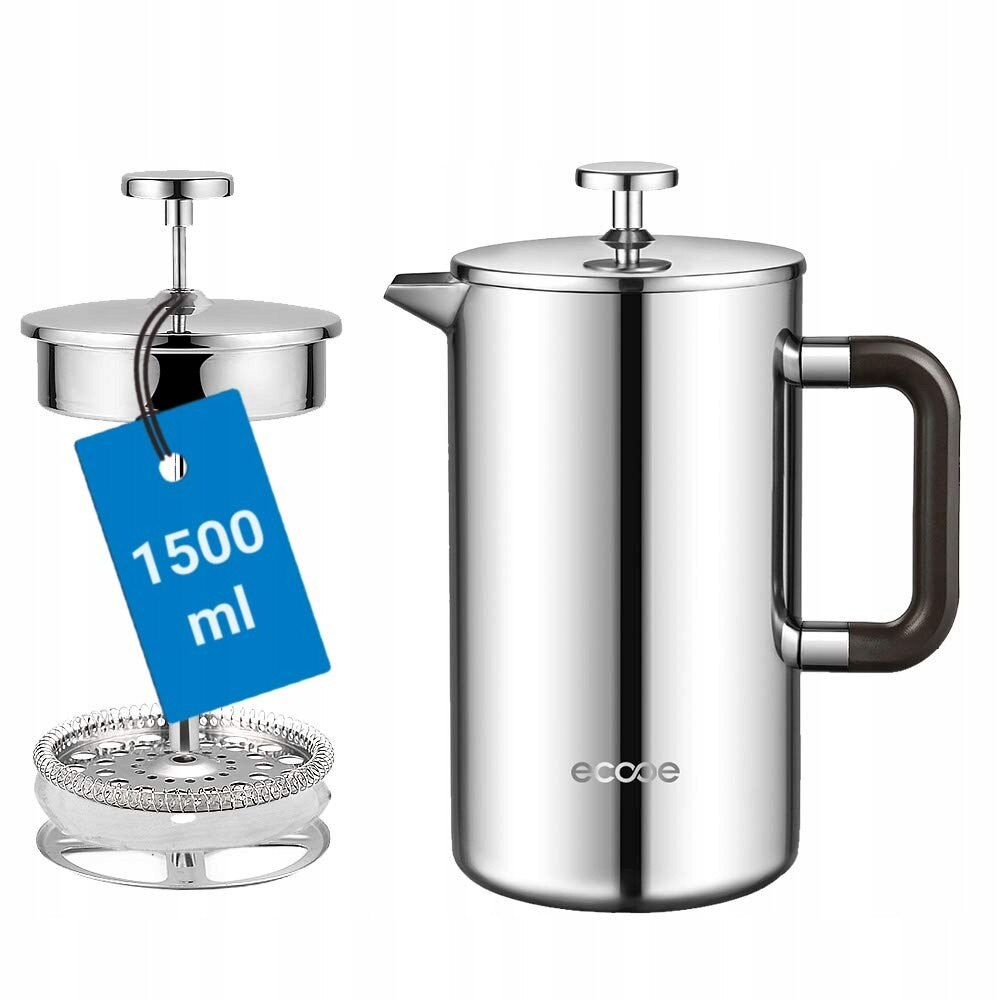 Cafetiere Ecooe 1500 ml, inox 18/10, izolatie cu pereti dubli, set cu 2 filtre