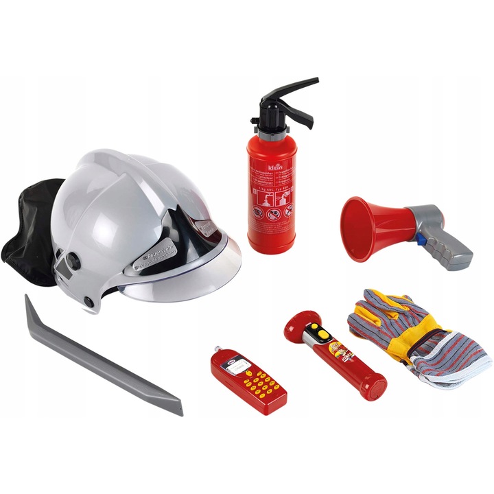 Set accesorii pompieri Klein, 3 ani+, multicolor, include casca, stingator, megafon, telefon mobil, lopata, manusi.
