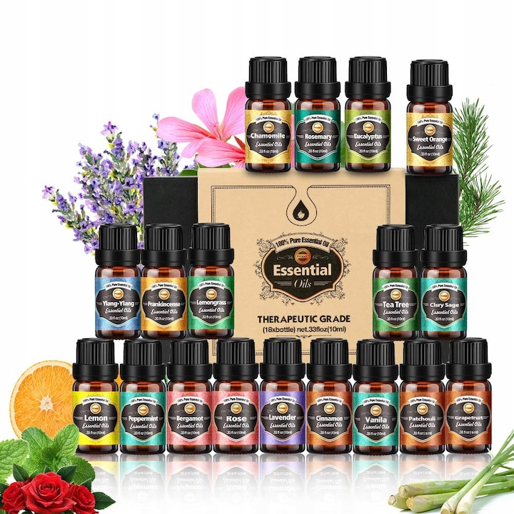 Set 18 Uleiuri Esentiale, Tea Tree, Lavanda, Eucalipt, Tamaie, Citronella, Rozmarin, Portocala, Menta, Lamaie, Bergamota, Ylang-Ylang, Grapefruit, Musetel, Trandafir, Vanilie, 100% Natural