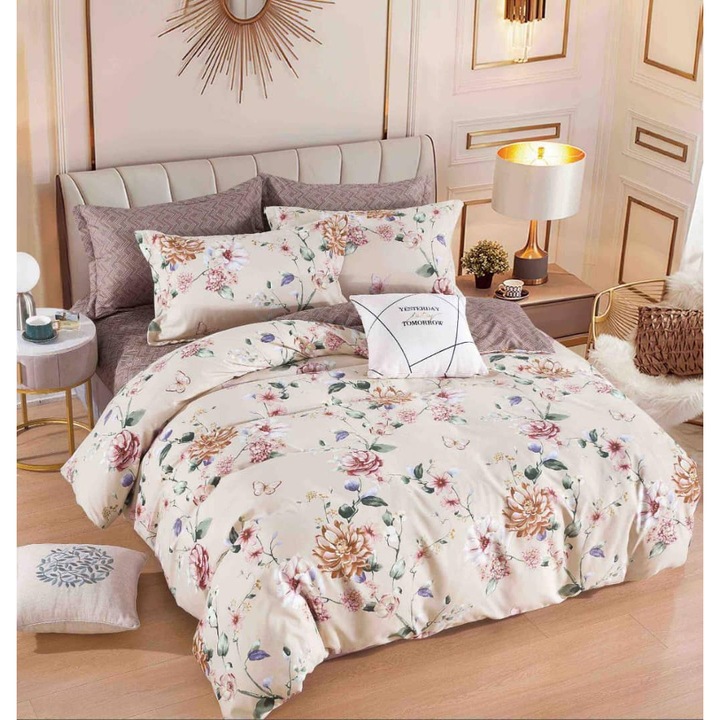 Lenjerie de pat dublu, 2 persoane, bumbac Finet, 6 Piese, Cearceaf de pat cu elastic 230x250 cm, Cearceaf pilota 200 x 230 cm, 2 fete de perna 70 x 70 cm, 2 fete de perna 50 x 70cm, MHR-1844