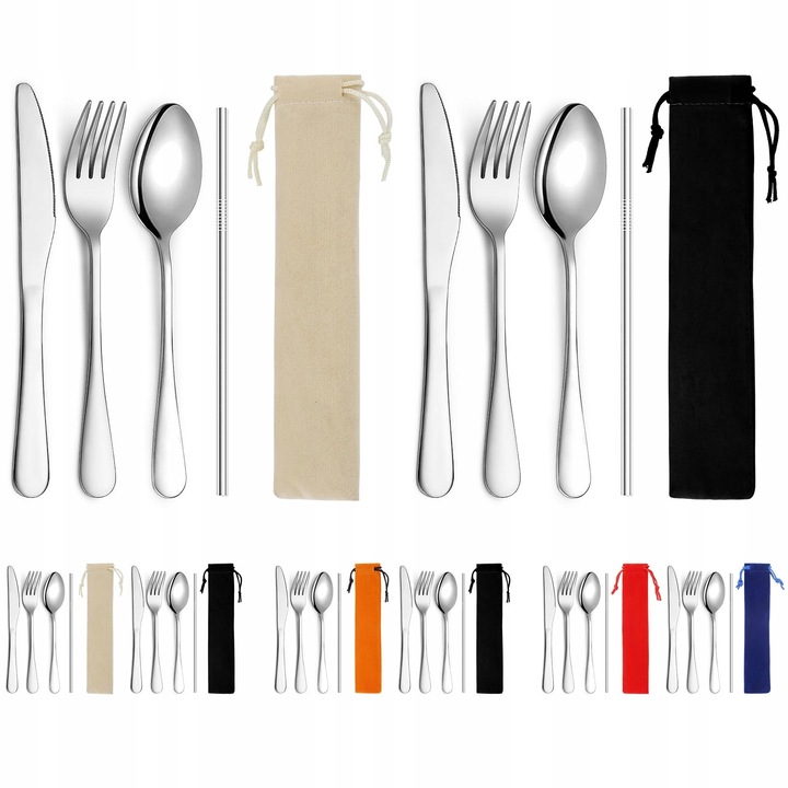 Set tacamuri, 2 furculite, 2 linguri, 2 cutite, 2 paie, inox, pentru picnic, camping