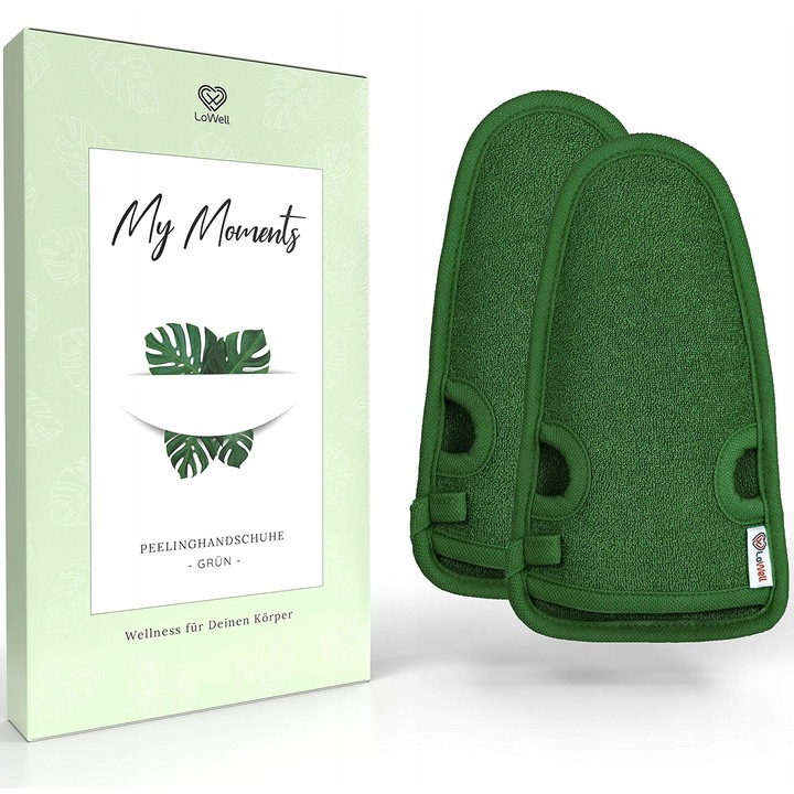 Set 2 manusi exfoliante pentru corp si fata, Lowell, verde, 24.4x13.5x1.3cm