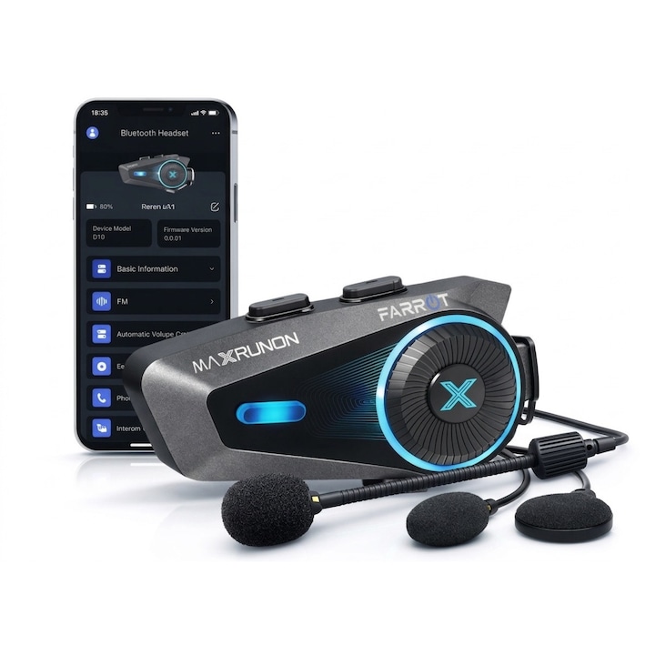 Intercom moto FARROT Rider D10, Bluetooth Mesh, 4 utilizatori, 1.6 km, control vocal, negru
