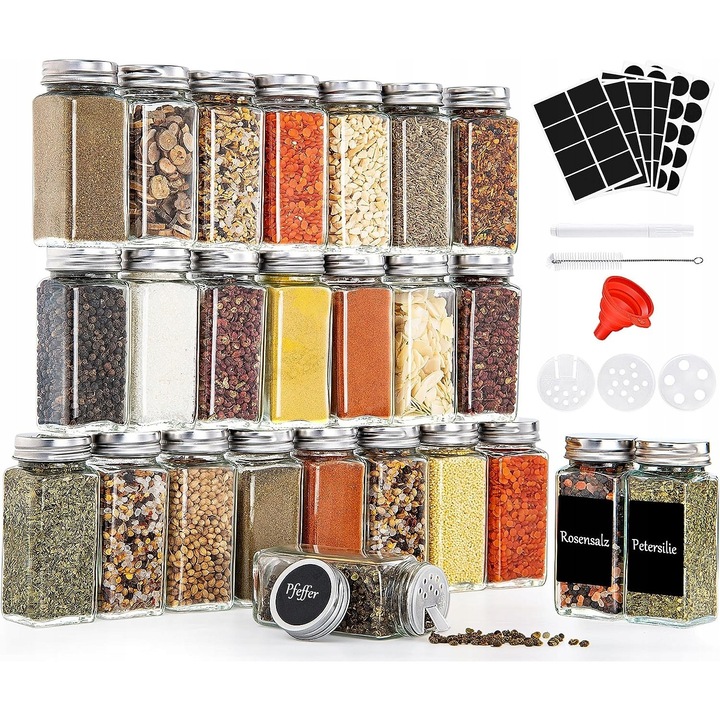 Set 25 recipiente sticla pentru condimente, capac aluminiu, 120 ml, 10,5x4,5 cm, etichete si marker