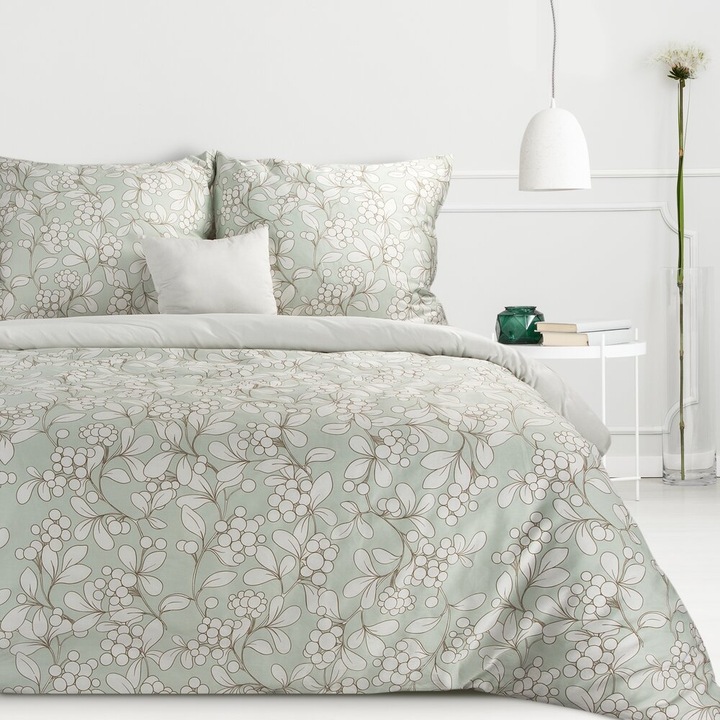 Lenjerie de pat set DEMI, Eurofirany, 220x200cm, minta si gri deschis, 100% bumbac satinat, imprimeu floral subtil