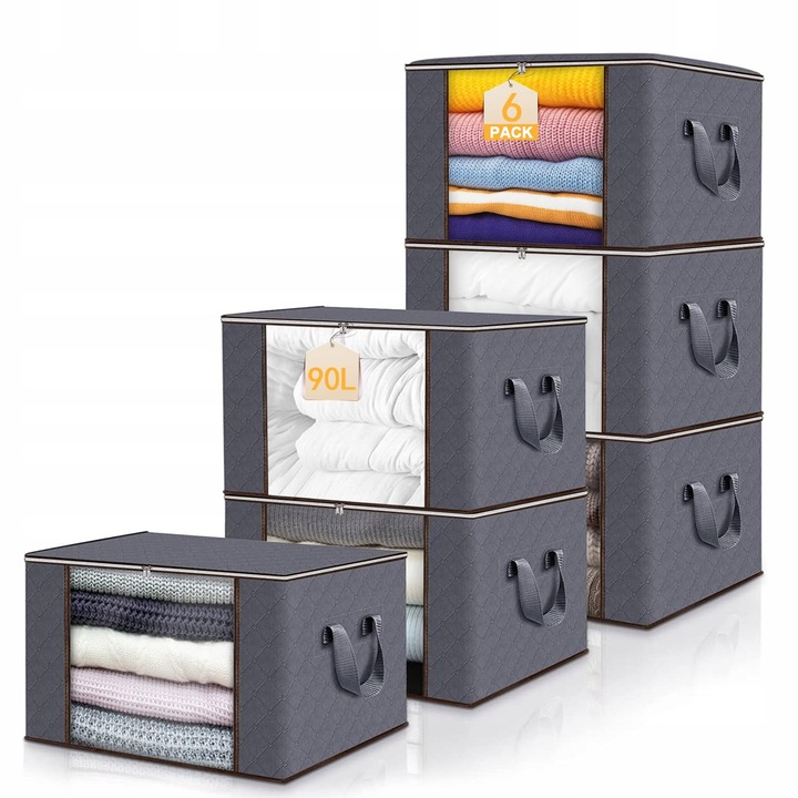 Set 6 Saci de Depozitare 90L, Organizator pentru Haine si Lenjerie, Gri, 60x43x35cm