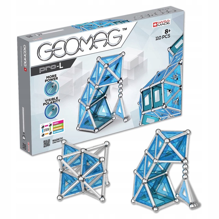 Set de constructie Geomag PRO-L, 110 piese, albastru-silver, 41,91x25,91x5cm