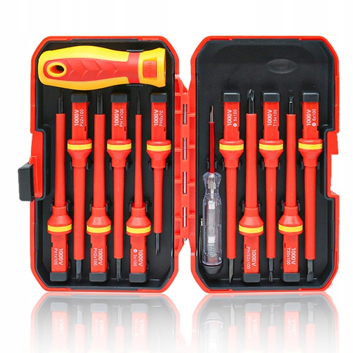 Set 13 Surubelnite Izolate 1000V cu Tester de Tensiune, Antiderapante, Cutie de Depozitare