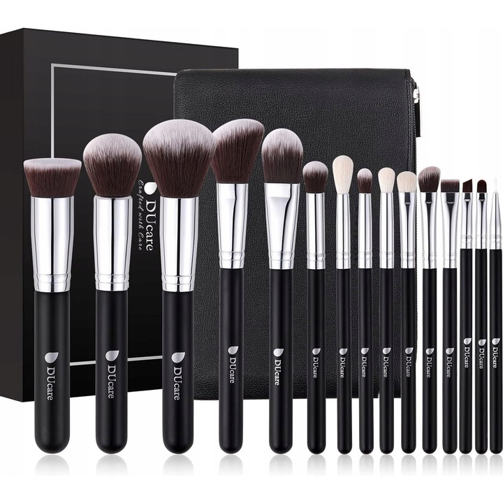 Set pensule machiaj 15 piese, DUcare, negru-silver, hipoalergenice, cu cosmetica de lux