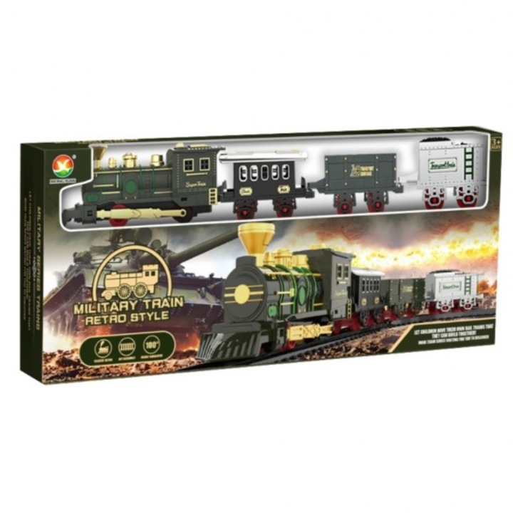 Set Tren Retro Clasic negru−auriu−verde cu cale ferata, 3 vagoane, sunete Christmas, lumini, ZJA370855