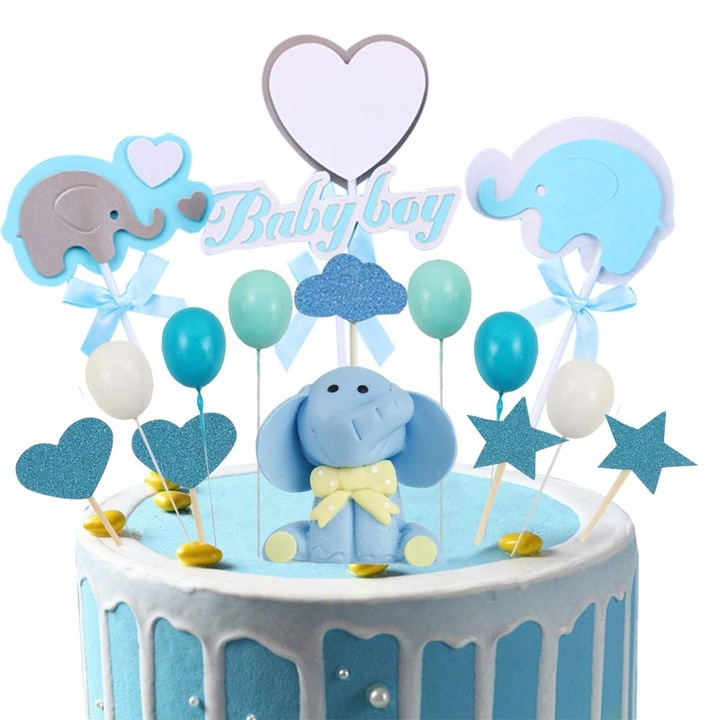 Set 41 decoratiuni tort, Tematica elefant, Albastru