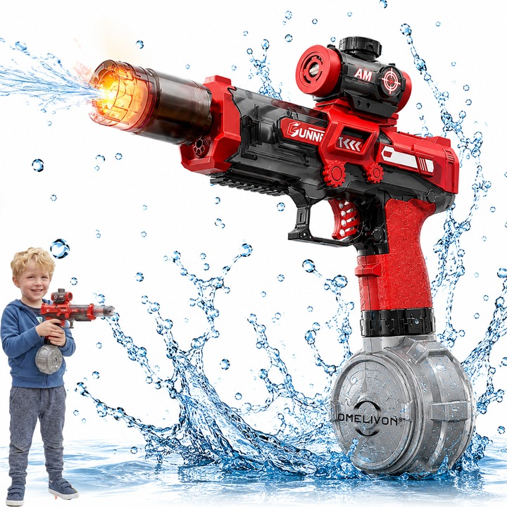 Pistol de Apa Electric, Omelivon®, Automat, cu Jet Puternic, LED Interactiv, Efecte Sonore, 2026, Raza 10m,550 ml rezervor de mare capacitate, rafala de mare viteza, Jucarie pentru Vara, Apa, Joaca Exterior, Rosu Extrem