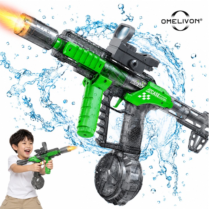 Pistol de Apa Electric, Omelivon®, LED Interactiv, cu Jet Puternic, Raza 10m~12m, Cadou Vara Copii, Maner reglabil, Performanta Superioara, Joaca Exterior,2026, Potrivit pentru Copii si Adulti, Verde