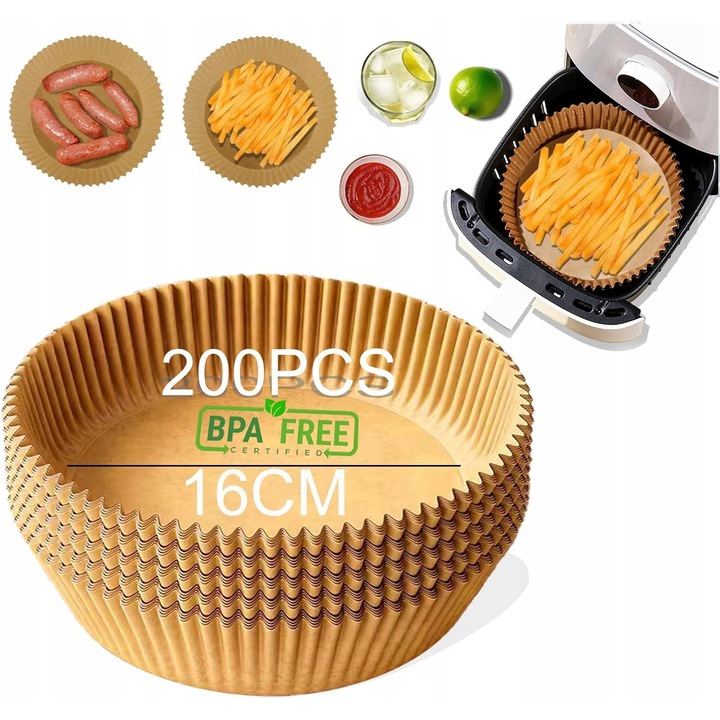Set 200 bucati hartie rotunda pentru friteuza Airfryer, rezistenta la caldura, fara BPA, 16 cm