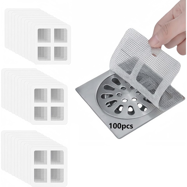 Set 100 filtre de dus autocolante, 10x10 cm, pentru captarea parului