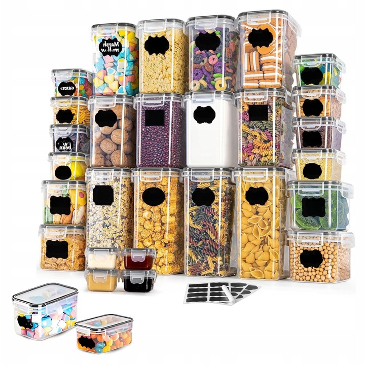 32 darab légmentesen záródó élelmiszertároló doboz készlet, címkékkel és markerrel, BPA-mentes, átlátszó