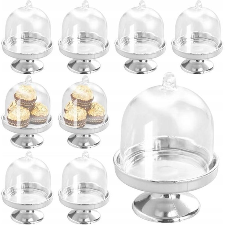 Set 12 mini platouri cu capac din sticla, pentru prajituri