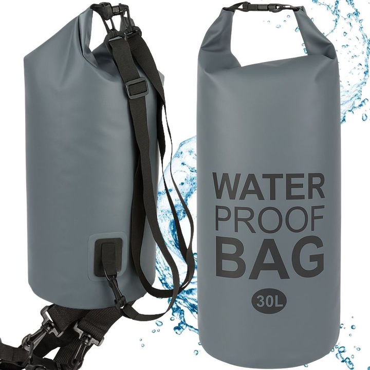 Sac impermeabil 30L pentru kayak drumetii si camping, geanta waterproof rezistenta cu inchidere roll top si curea reglabila, protectie impotriva apei si umezelii, culoare gri