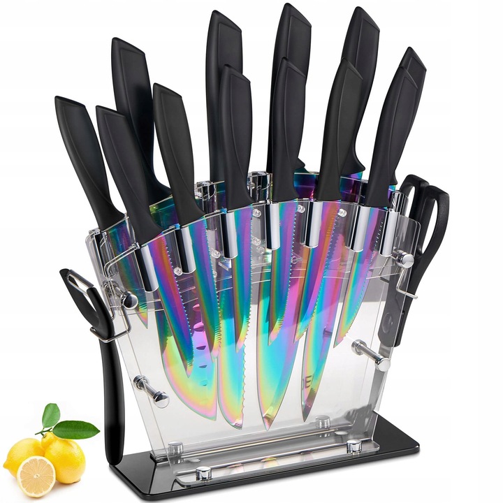 Set de 16 cutite din otel inoxidabil cu maner acrilic, cutit de bucatar, cutit pentru paine, cutit Santoku, multicolor, 30x8x30cm