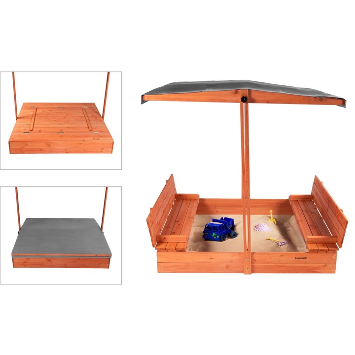 Дървена пясъчник Bauerkraft със сгъваем капак и пейки, 120x120см, графит