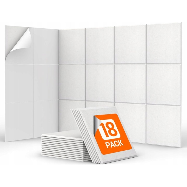 Set 18 Panele Acustice Autoadezive 30x30x0,9 cm, Alb, pentru Studio, Birou, Acasa