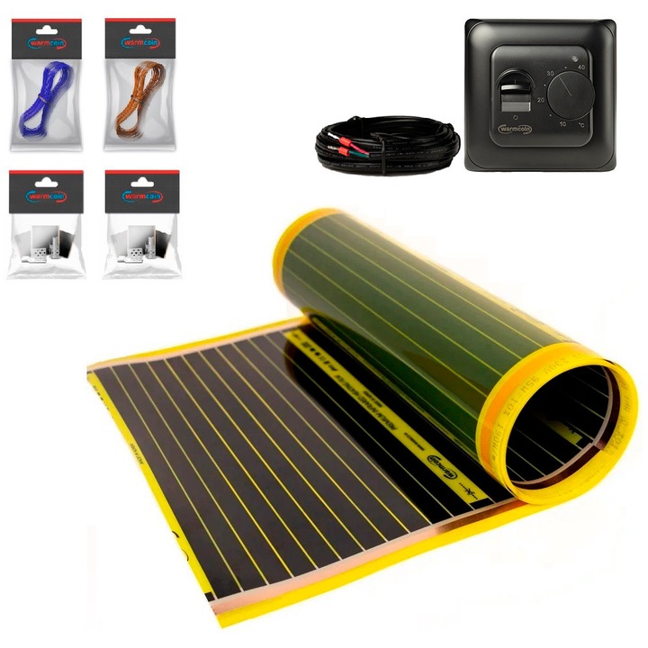 Set de folie incalzitoare cu infrarosu Warmcoin PTC 190W/m², latime 100 cm, 6.0 m² (1140W, 230V), termostat analogic W70 cu senzor de pardoseala inclus, negru