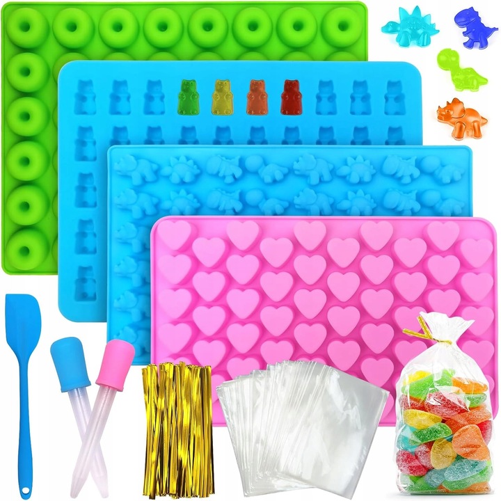 Set 4 forme prajituri din silicon cu 2 pipete pentru jeleuri si ciocolata, multicolor, 201 spatii