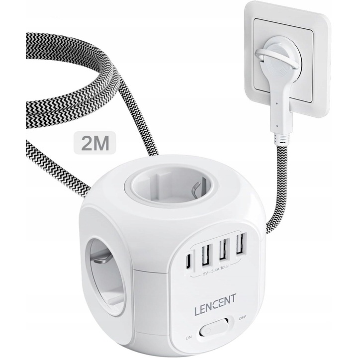 Prelungitor Lencent 8 in 1, 4 prize europene, 4 porturi USB, cablu impletit 2m, 2500W, 8,05x8,05x8,05cm