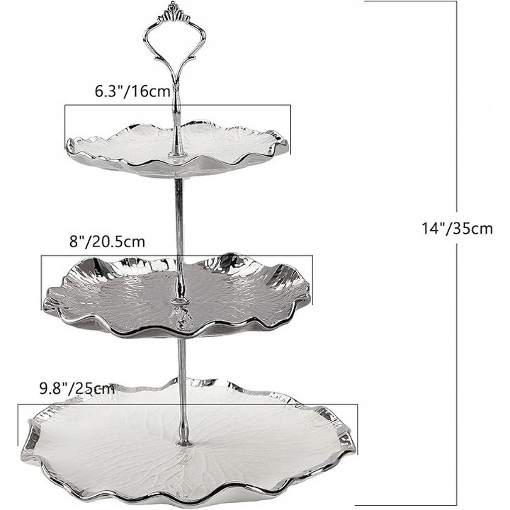 Suport pentru prajituri, 3 niveluri, tava argintie si alba