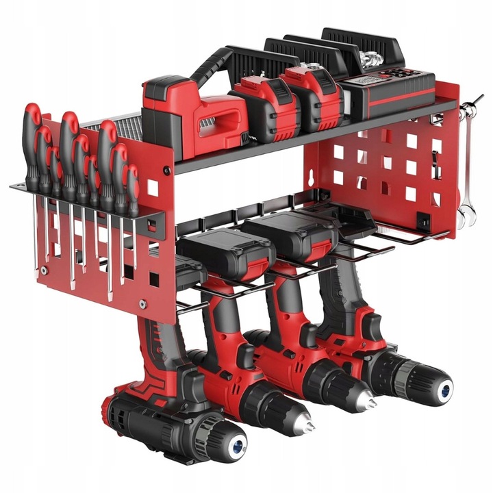 Falra szerelhető szerszámtartó, 2 szintes, piros, mérete 42,5x20x14cm, komplett készlet