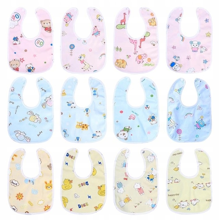 12 darabos babaelőke szett, pasztell színekben, puha és nedvszívó anyagokból, patentos rögzítéssel