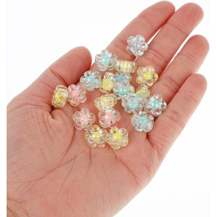 Set de 200 bucati margele acrilice transparente florale 12 mm, multicolor, pentru artizanat