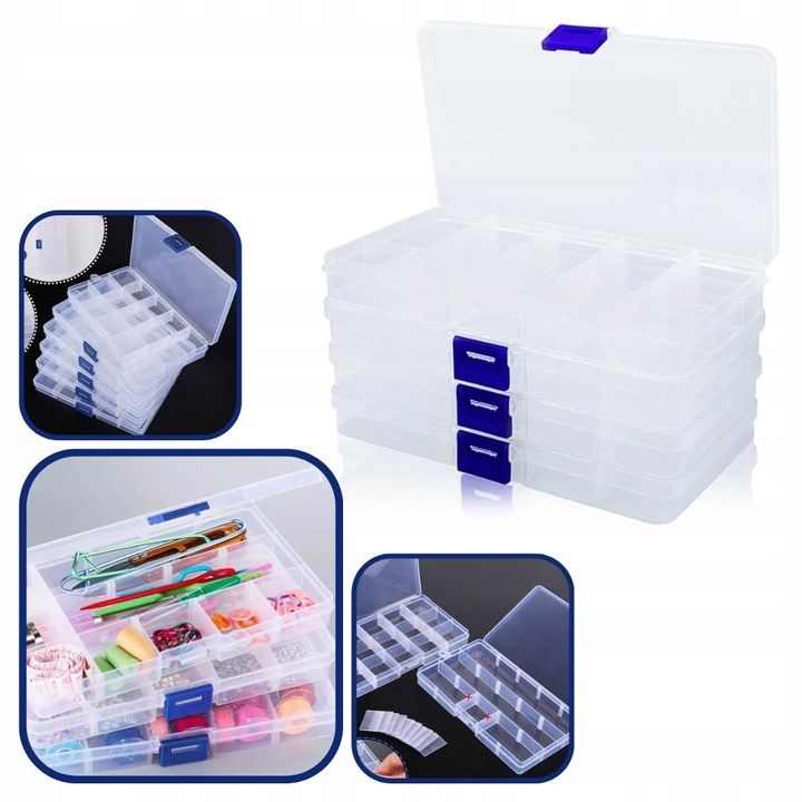 4 átlátszó tárolódoboz készlet, rendszerező 15 rekesszel, 17,4x9,5x2,2cm, ékszerekhez és barkácseszközökhöz
