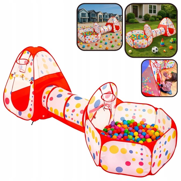 Set corturi pentru copii cu tunel si 2 cosuri de baschet, activitate in aer liber, poliester, dimensiuni compacte