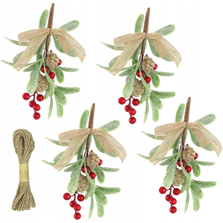 Set 4 ramuri decorative jemiola, 22 cm, cu boabe rosii si conuri, verde