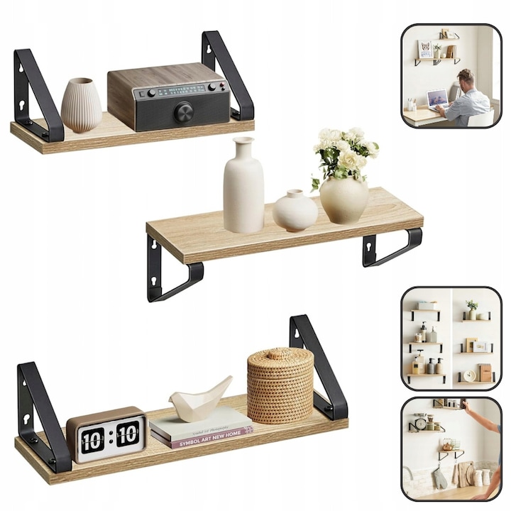 Set 3 rafturi decorative, montaj simplu, culoare stejar si negru, dimensiuni variate