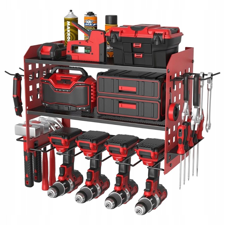 Falra szerelhető szerszámtartó, 3 szintes, 63x20x24cm, piros, garázsrendszerező készlet