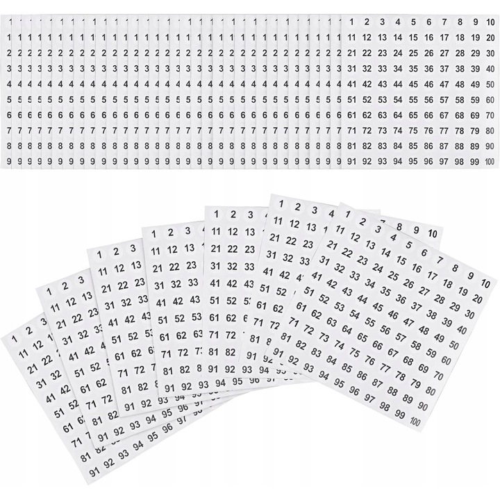 Set 30 foite autocolante cu cifre 1-100, design clasic, alb, 1x1cm