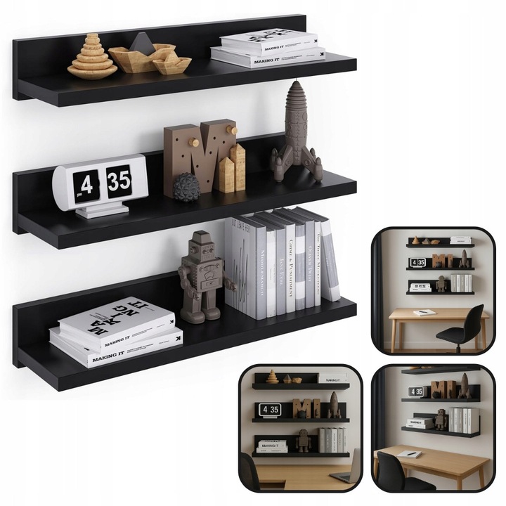 Set 3 polki scienne, 39x6cm, alb, montaj usor