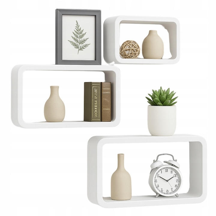 Set 3 rafturi decorative, alb, MDF, 44x39x34cm, capacitate 15kg