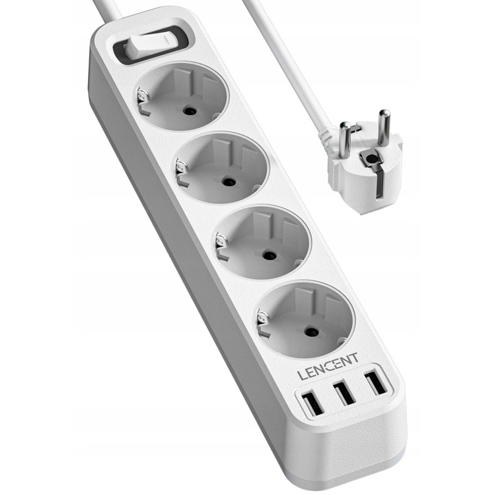 Prelungitor 7 in 1 Lencent, 4 guri AC 4000W, 3 porturi USB, dimensiuni 24x5x4cm, montare pe perete