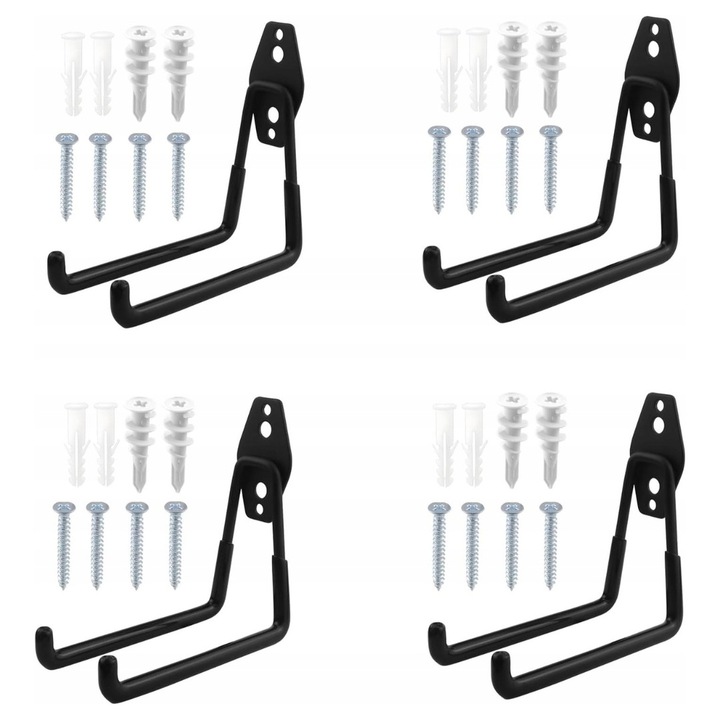 4 db garázskampó készlet, dupla kampók, strapabíró, fekete, 68x130x188mm