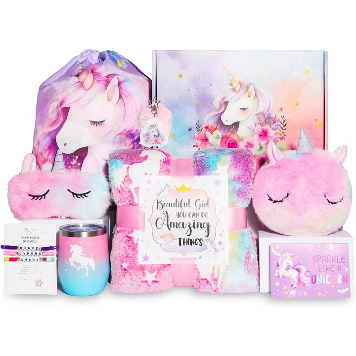 Set cadou fetite, 10 piese, Simply Joy®, Patura fosforescenta unicorn, Cana termos, Geanta de umar, Masca dormit, Saculet tip rucsac, 3 bratari pentru copii, Breloc, Felicitare, Cutie draguta, Cadouri pentru fete de 4, 5, 6, 7, 8 ani de, Roz/mov