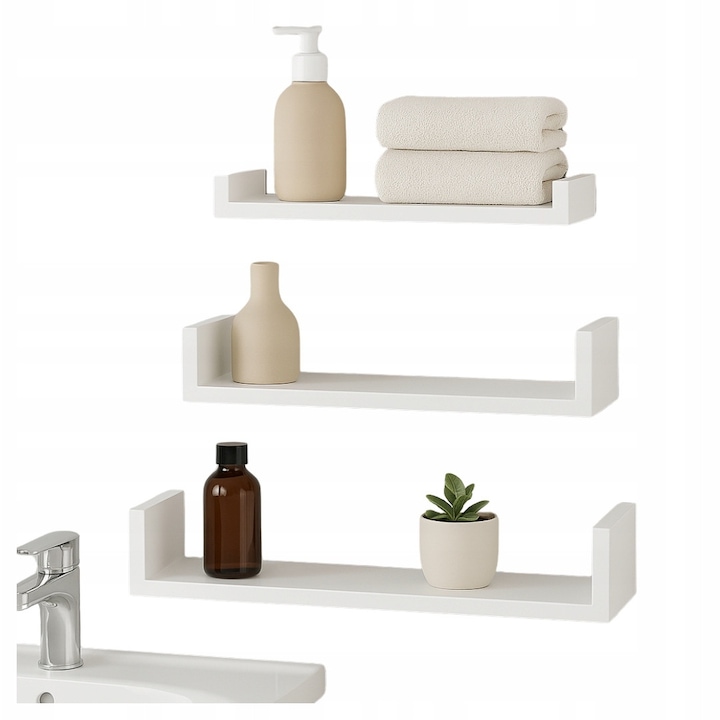 Set 3 rafturi decorative, alb, MDF, 30x15x10cm, 45x15x10cm, 60x15x10cm, capacitate 15 kg