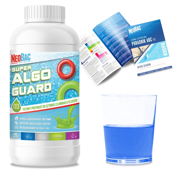 Solutie Anti Alge Piscina, NeoBac, Super Algo Guard, Combate Algele Si Bacteriile, Apa Albastra Clarificata, Formula Fara Spuma Si Fara Miros, Eficienta Ridicata, Ideal Pentru Piscine Interioare Si Exterioare, 1 L